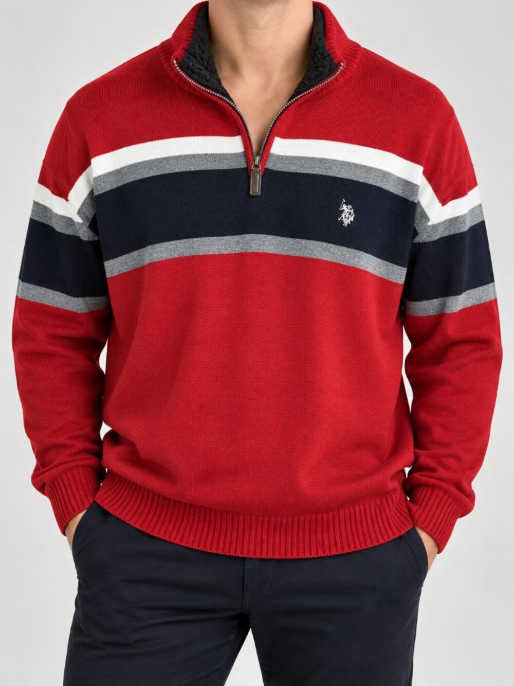 U.S. Polo Assn. Men’s XXXL Red Striped Quarter Zip Cotton Sweater